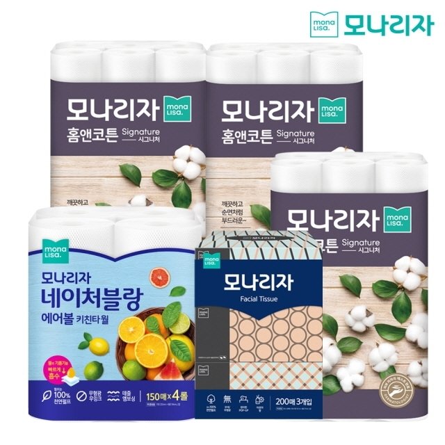 모나리자 홈앤코튼 화장지90롤+미용티슈3입+키친타월4롤
