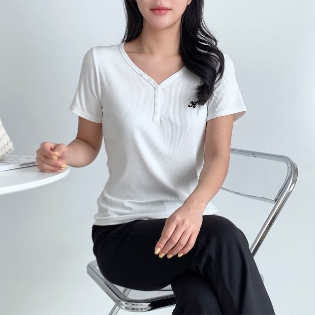 [샵앤] 여성 단추V넥 골지 반팔티 WDMS-WSH-TS14477121
