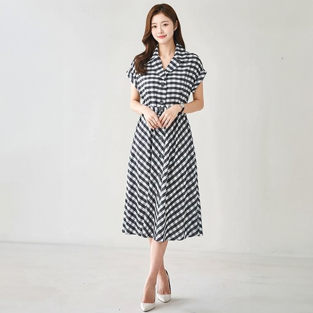 [헬리꽁땡]깅엄체크오픈카라원피스+벨트(2종)