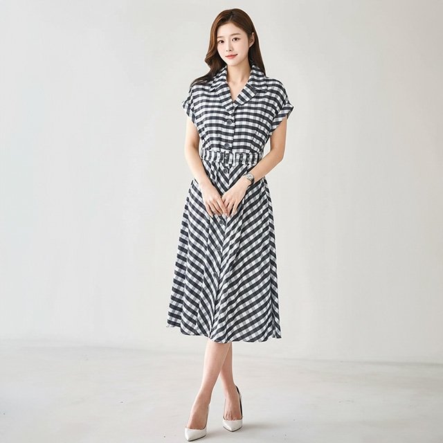 [헬리꽁땡]깅엄체크오픈카라원피스+벨트(2종)