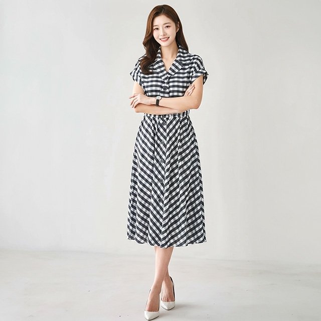 [헬리꽁땡]깅엄체크오픈카라원피스+벨트(2종)