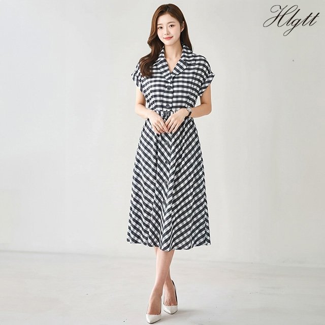 [헬리꽁땡]깅엄체크오픈카라원피스+벨트(2종)