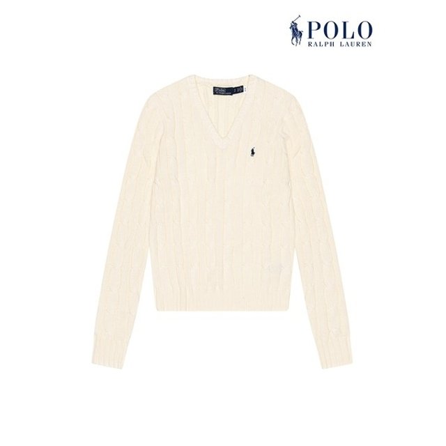 [폴로 랄프로렌]여성 케이블 니트 코튼 브이넥 스웨터 아이보리_P350854404