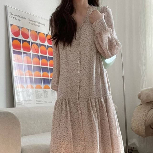 여자 스테디 봄철 F/W 브이라인 주름 긴소매 롱기장 드레스아이보리 (WFJTD21)