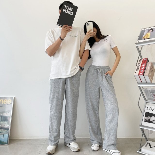 [2종세트] 여성 데일리 기본 일자 밴딩 팬츠! 남녀공용 커플바지 착용 가능! 