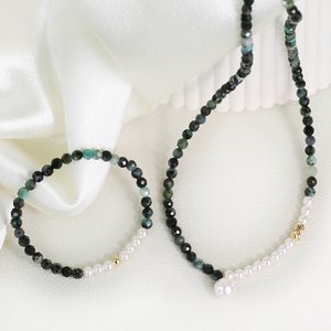 14k 금볼 천연 에메랄드 원석 보테 진주 목걸이 +에메랄드팔찌