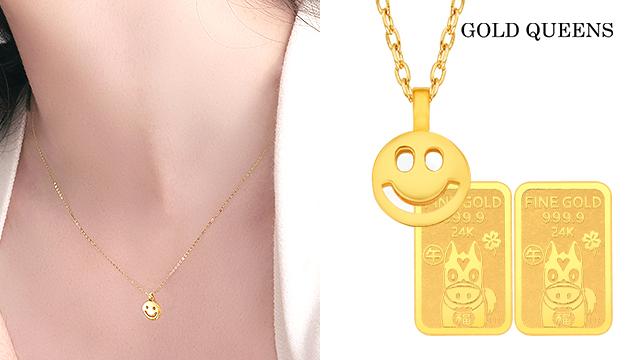 [골드퀸즈] 24K 할로우 순금 행운의 스마일 목걸이 (24K 펜던트 + 체인목걸이 + 24K 순금 행운말 골드바 2개