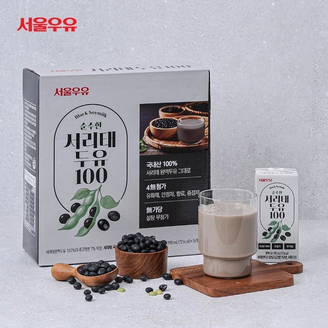 서울우유 순수한 국산콩 서리태 두유 100 190ml 16팩-쥐눈이콩 검은콩 약콩 두유