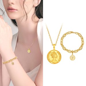[골드퀸즈] 24K 할로우 볼륨 순금 엘리자베스 10mm 코인 세트 (24K 펜던트 + 체인 목걸이 + 엘리자베스참 볼륨 앵커 팔찌)