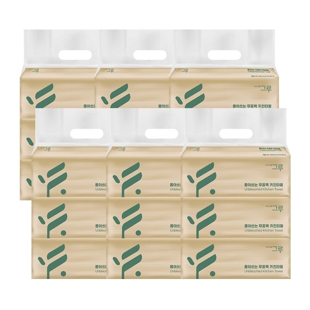 [삼정펄프] 그루 뽑아쓰는 무표백 키친타올 100매 3입x6개 (18팩)