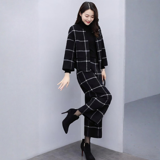 [엘드마마] 와이드 체크모직 투피스