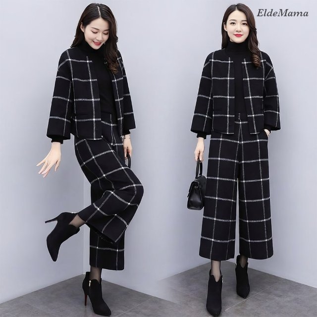 [엘드마마] 와이드 체크모직 투피스