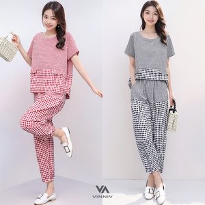 [비니브] 쇼튼 체크 상하세트 
