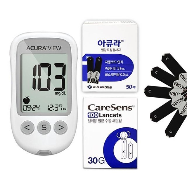 아큐라 뷰 혈당기+혈당지50매+침100개 검사지 측정지 시험지 임당체크 스트립 공복 G