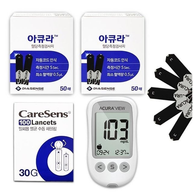 아큐라 뷰 혈당기계 + 혈당지100매 +채혈침100 검사지 측정지 체크지 식후 공복 D