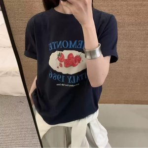 산딸기 반팔 탑 라운드넥 프린트 티셔츠