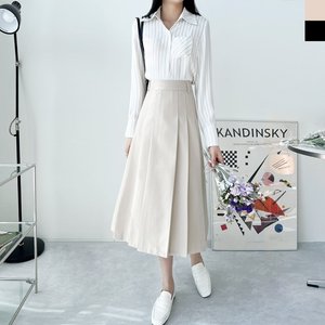 [샵앤] 여성 벨트세트 오피스 핀턱 플리츠 미디 롱 스커트 WDM-WSK-KSS9957