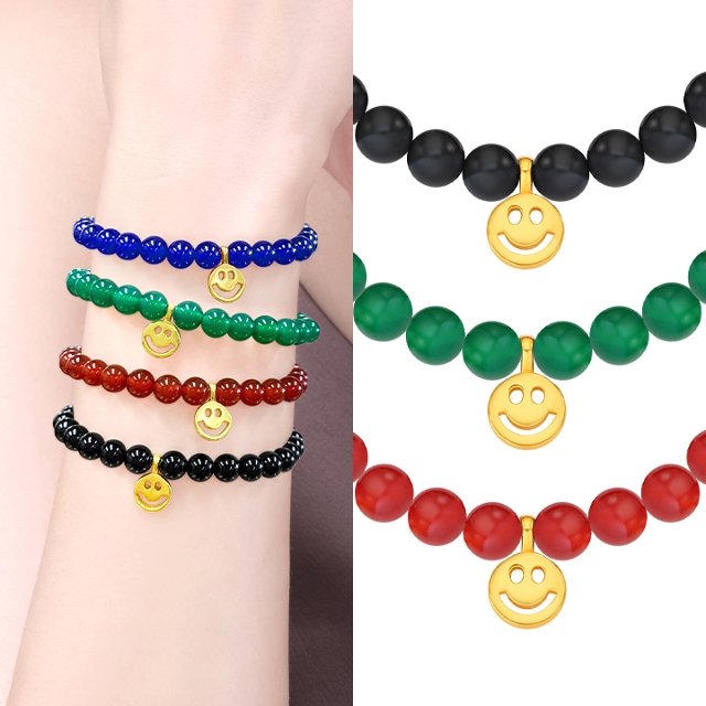 [골드퀸즈] 24K 할로우 순금 행운의 테슬 스마일 천연석 팔찌