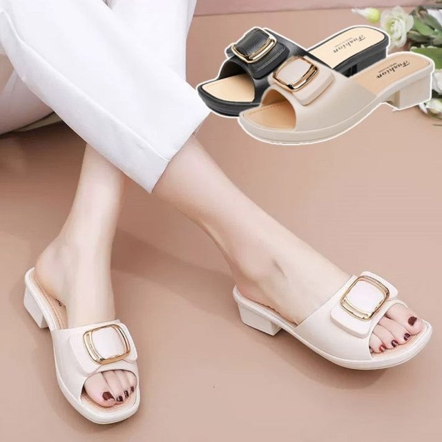 여성 오픈토 버클힐 세련장식 미들힐 여름 슬리퍼 (WFH8XCB)