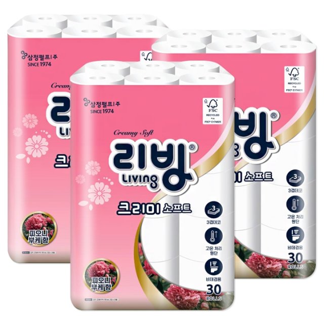 리빙 크리미 소프트 피오니부케향 화장지 3겹 30롤x3개/무포름/휴지/삼정펄프