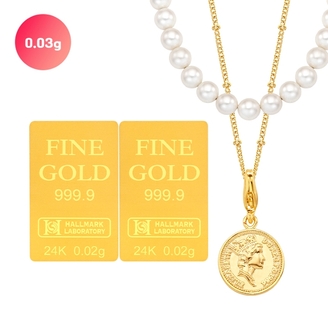 [골드퀸즈] 24K 순금 파인 골드바 세트 (0.03g 골드바 2개 + 엘리자베스 볼 체인 목걸이 + 8mm 진주비드 목걸이) (8/1~9/30)