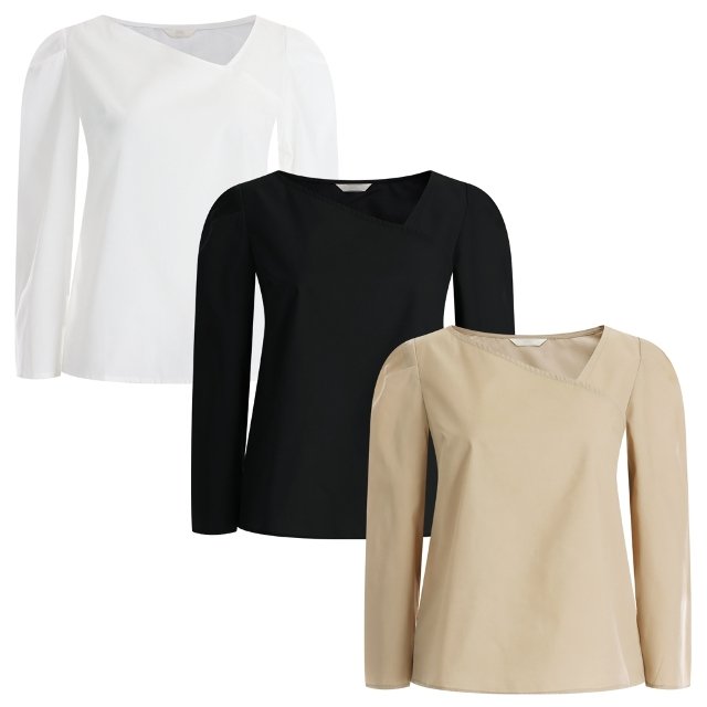 [샵앤] 여성 사선 절개 데일리 퍼프소매 긴팔 블라우스 EAN-WBL-12087