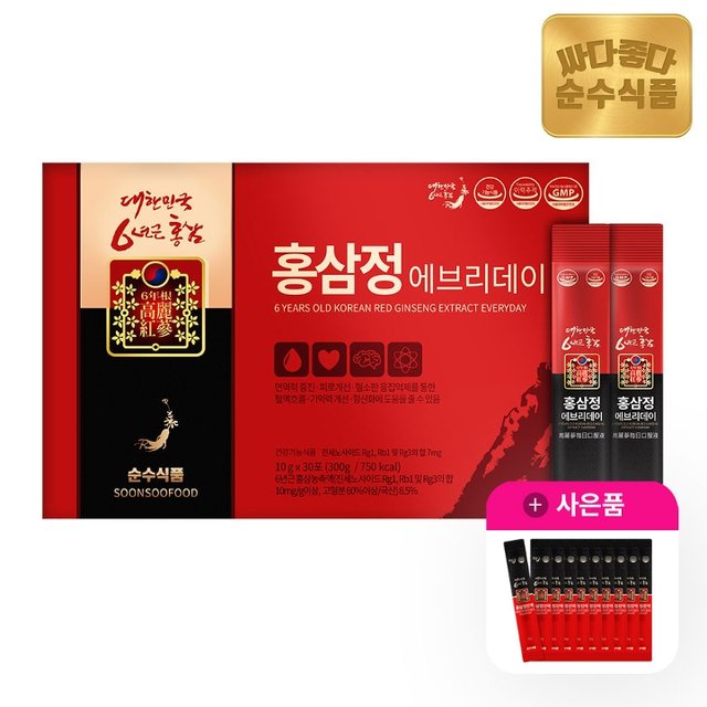 순수식품 6년근 홍삼정 에브리데이 홍삼스틱 진액 1박스(30포) 진세노사이드 7mg 건강기능식품 + 홍삼 10포 증정