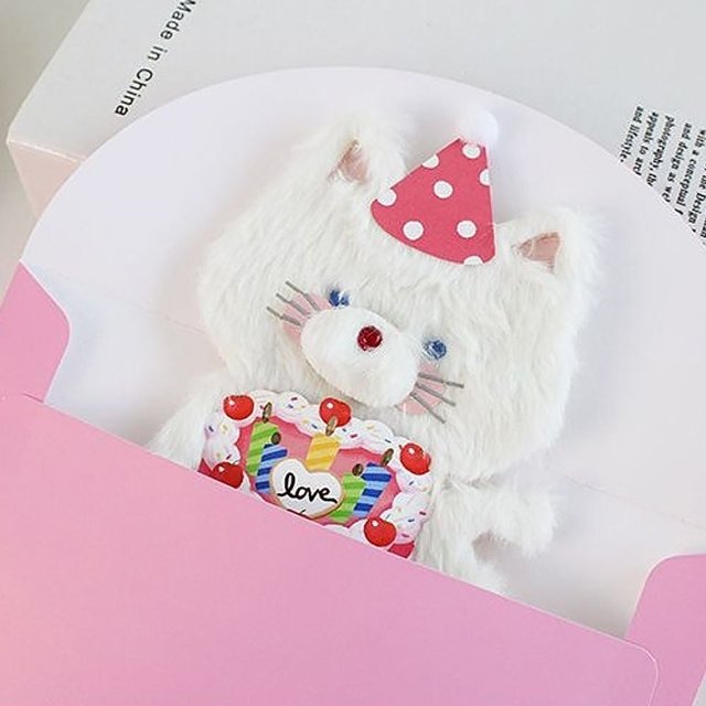 생일 축하 LED 고양이 인형 카드 감정 엽서 2P 편지지 (WFJ2QHW)