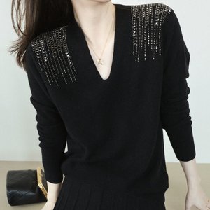 [루미루나]양모브이넥큐빅장식니트