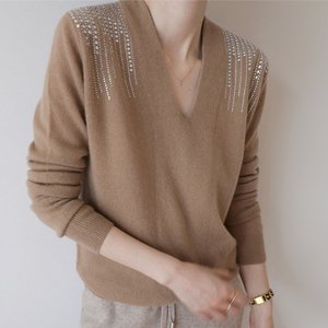 [루미루나]양모브이넥큐빅장식니트