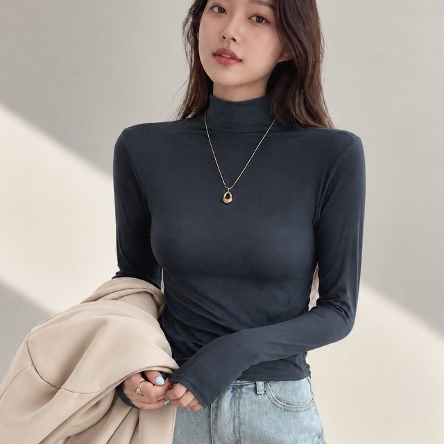 포근핏 소프트 목폴라 슬림 반하이넥 여성 티셔츠 이너티 베이직 겨울 가을
