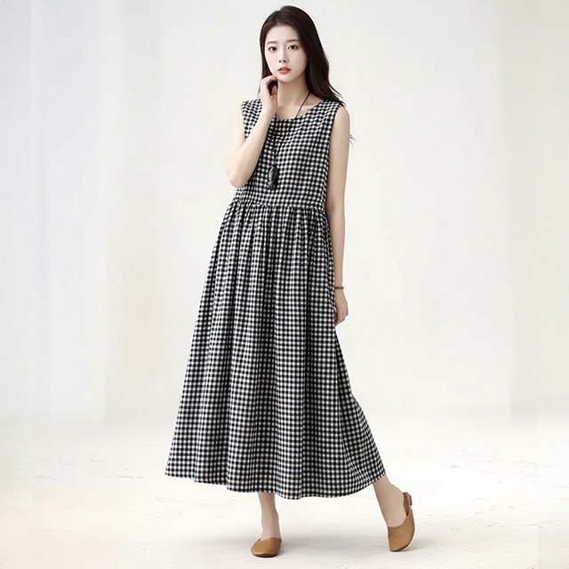 [헬리꽁땡]허리셔링체크롱원피스2종