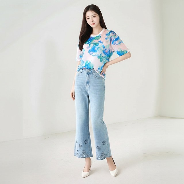[헬리꽁땡]벨로펀칭자수시원한데님팬츠