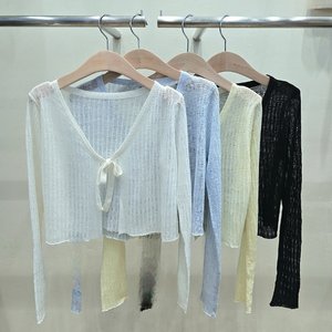 [샵앤] 여성 끈 오픈 펀칭 그물 크롭 시스루 레이어드 볼레로 가디건 21DS-WCD-4380