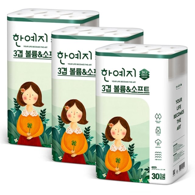 한예지 볼륨앤소프트 천연펄프 화장지 3겹 30롤 3팩