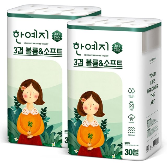 한예지 볼륨앤소프트 천연펄프 화장지 3겹 30롤 2팩
