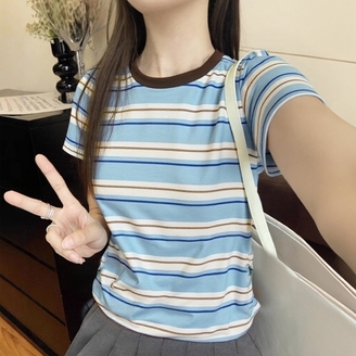 [샵앤] 여성 라운드 단가라 옆셔링 반팔티 WDMS-WSH-TS14483576