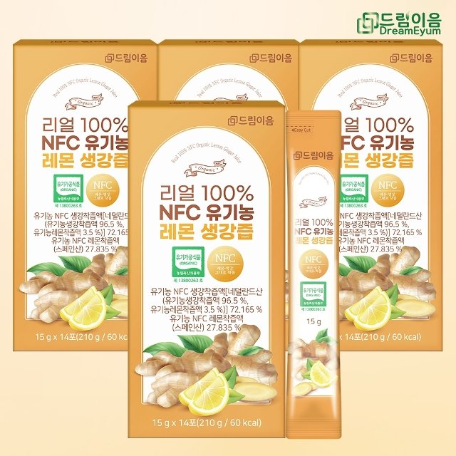 드림이음 리얼 100 NFC 유기농 레몬 생강즙 생강레몬즙 15g x 14포 4박스