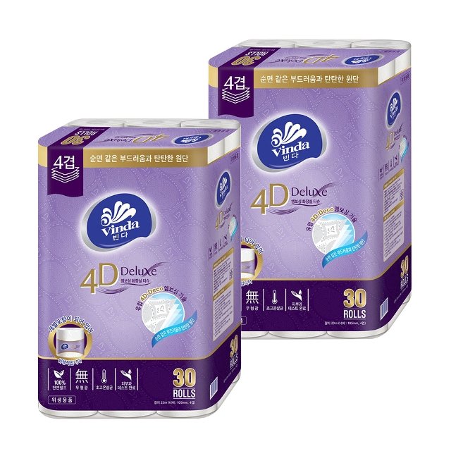 빈다 4D Deluxe 4겹 엠보싱 화장지 23m 30롤 2팩