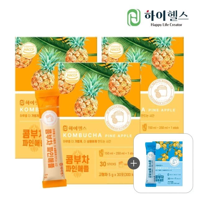 [쇼핑엔티 단독구성] 콤부차 파인애플 (5g x 30포) 3박스 + 콤부차 블루레몬 (5g x 30포) 1박스 증정