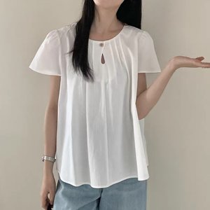 [샵앤] 여성 원버튼 플리츠 여름 셔링 반팔 면100 블라우스 21DS-WBL-4454