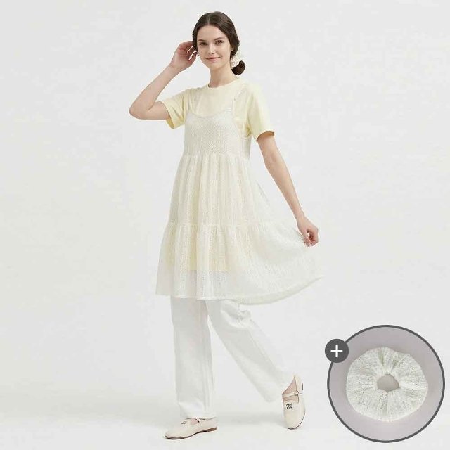 [샵앤] 여성 라운드 반팔 롱티 뜨개 레이스 끈나시 캉캉원피스 세트 SHA-WSET-21167