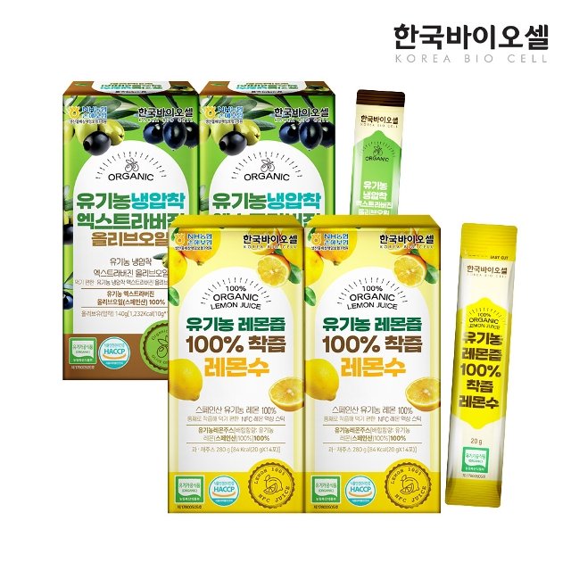 한국바이오셀 유기농 올레샷 100 올리브오일 2개(10g x 28포) + 레몬즙 스틱 2개(20g x 28포)