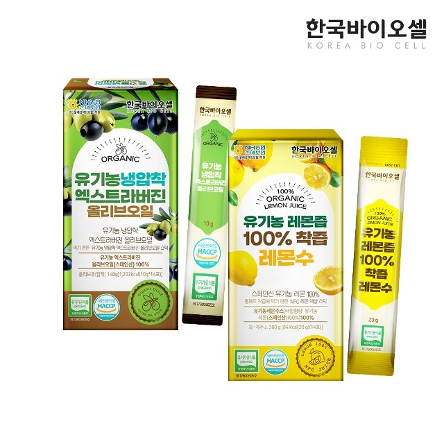 한국바이오셀 유기농 올레샷 100 올리브오일 1개(10g x 14포) + 레몬즙 스틱 1개(20g x 14포)